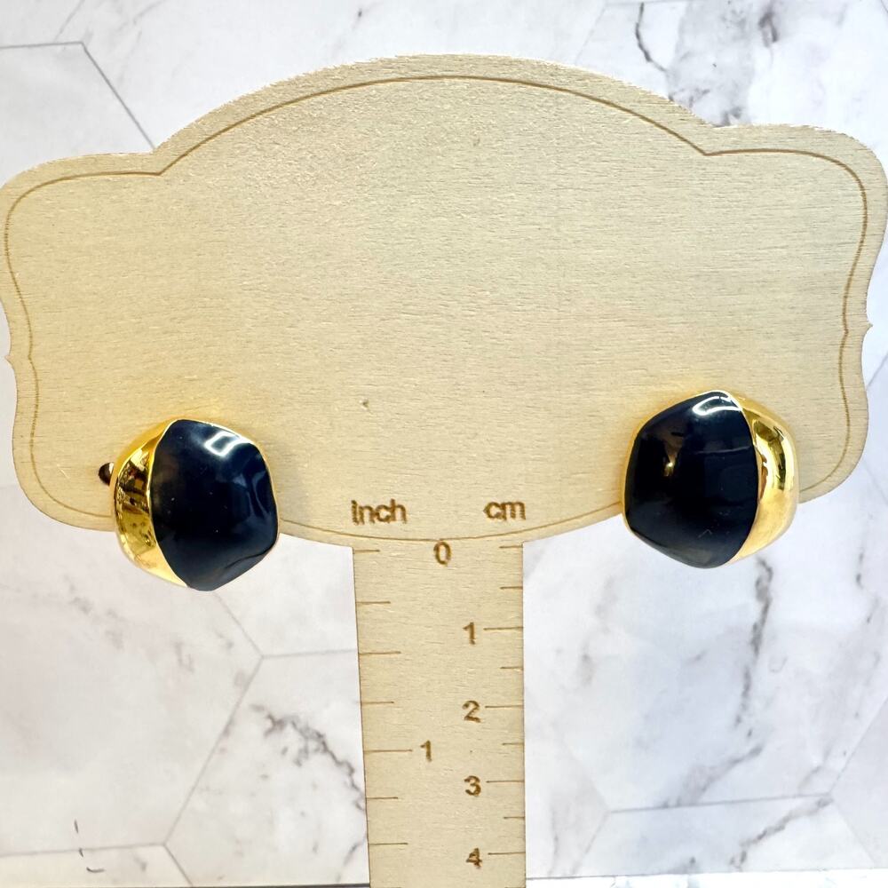 Vintage Monet Earrings Signed Navy Blue Enamel Gold Tone Clip-on 1980s Geometric